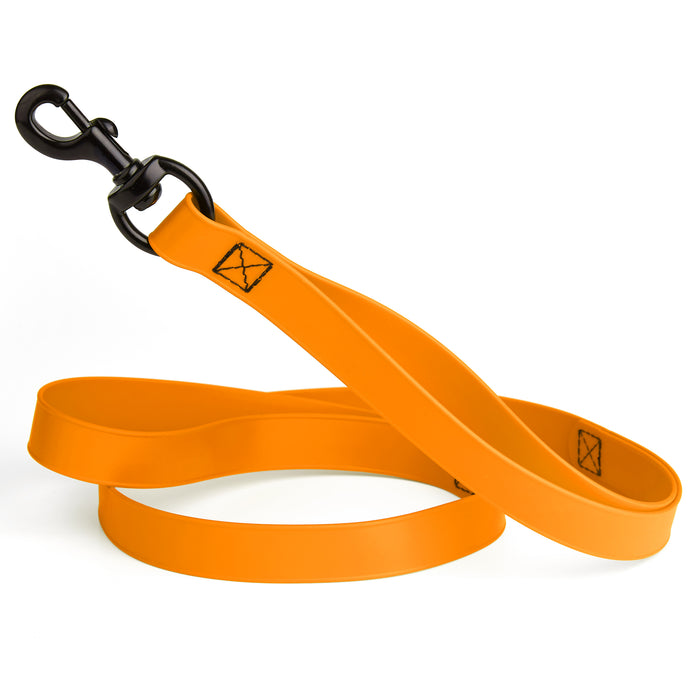 Tangerine Orange multi-handle dog leash with black snap hook, made from waterproof Biothane