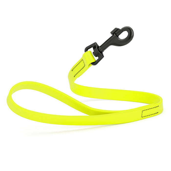 Safety Yellow 2 ft short dog leash with black snap hook, made from waterproof Biothane, 3/4 inches wide