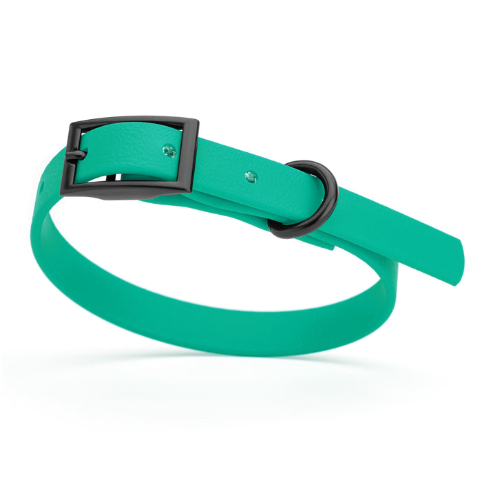 Teal dog collar with black hardware, made from waterproof Biothane
