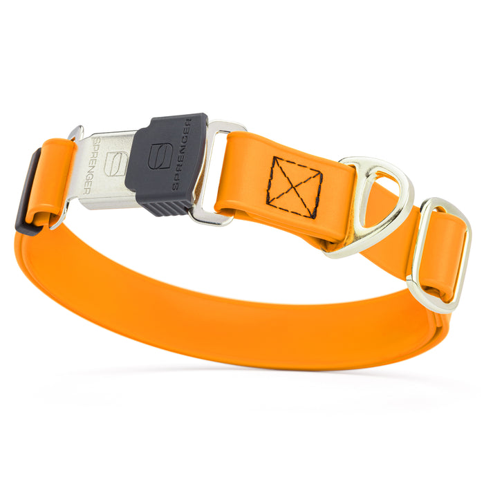 Tangerine Orange dog collar with stainless steel Herm Sprenger quick release buckle, made from waterproof Biothane