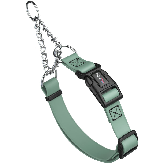 Sage Green martingale dog collar with quick release buckle and Herm Sprenger assembly chain, made from waterproof Biothane