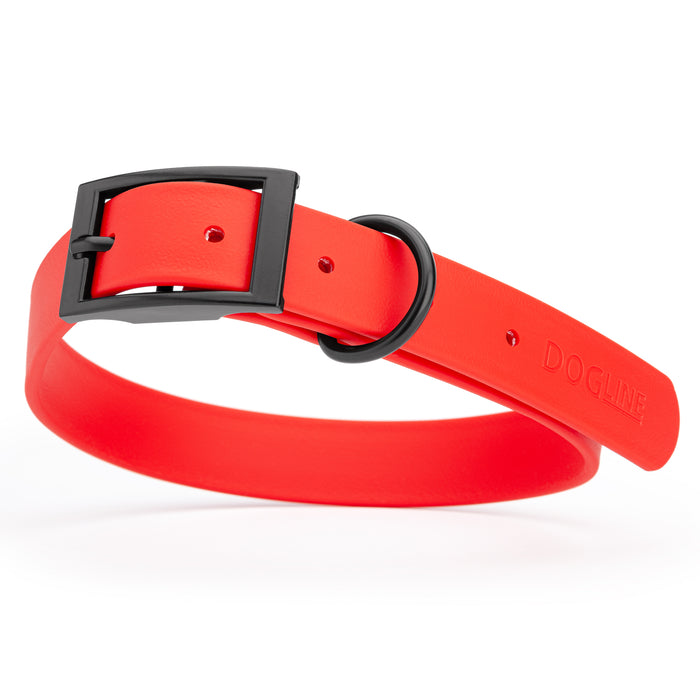 Cherry Red dog collar with black hardware, made from waterproof Biothane, large