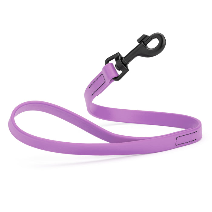 Amethyst Purple 2 ft short dog leash with black snap hook, made from waterproof Biothane, 3/4 inches wide