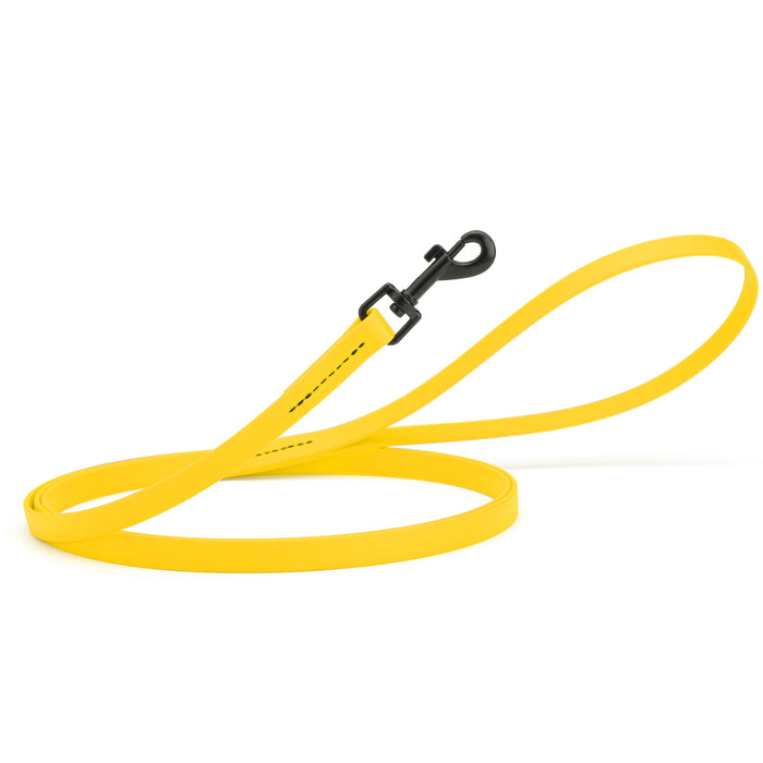 Safety Yellow dog leash with black snap hook, made from waterproof Biothane, 1/2 inches wide
