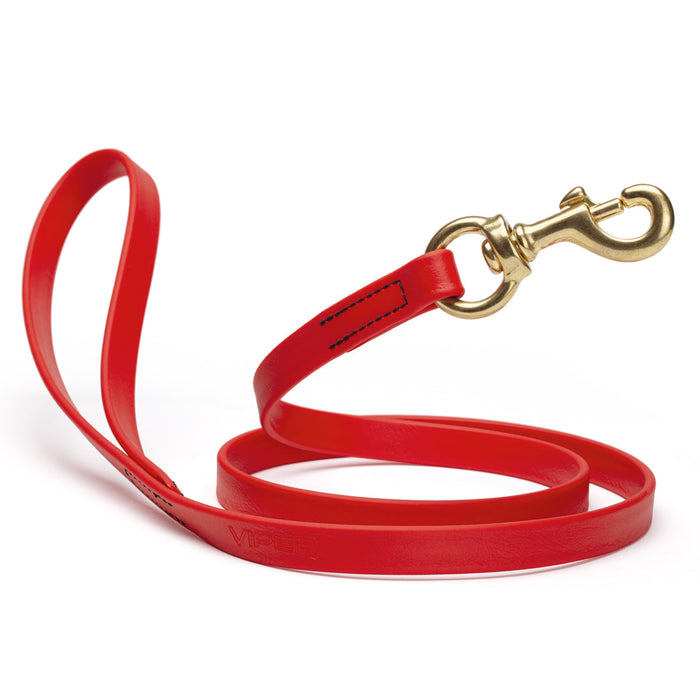Cherry red dog leash with brass snap hook, made from waterproof Biothane, 5/8 or 3/4 inches wide