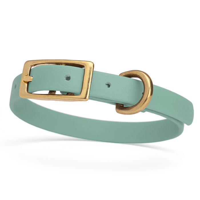 Sage Green dog collar with brass buckle and D-ring, made from waterproof Biothane,  x-small