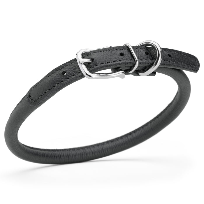 Black leather dog collar with metal buckle, size M