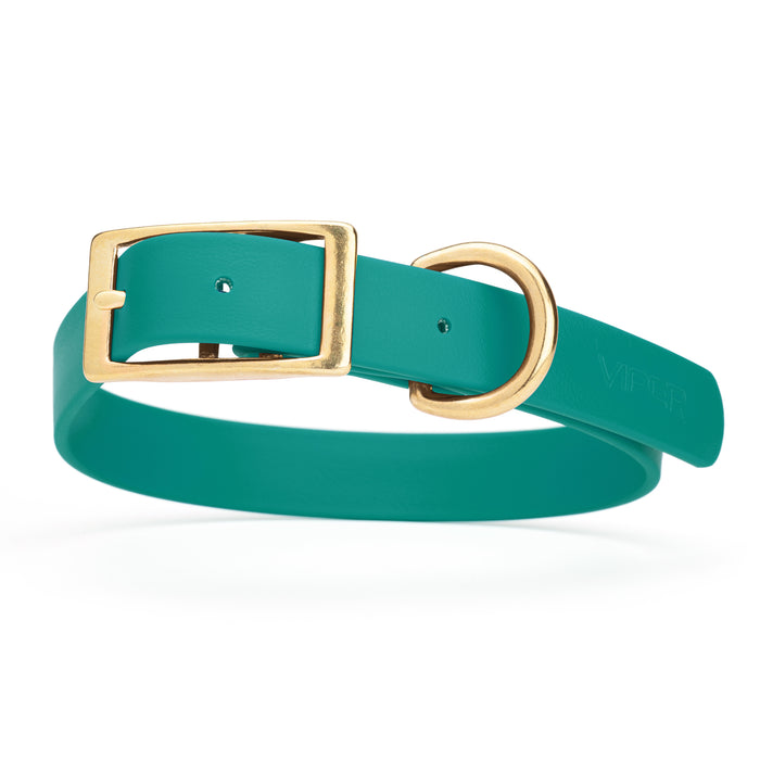 Aqua blue dog collar with brass buckle and D-ring, made from waterproof Biothane, X-large