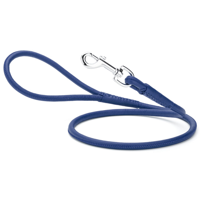 Blue leather dog lead with metal snap hook, 1/4- or 3/8-inch wide