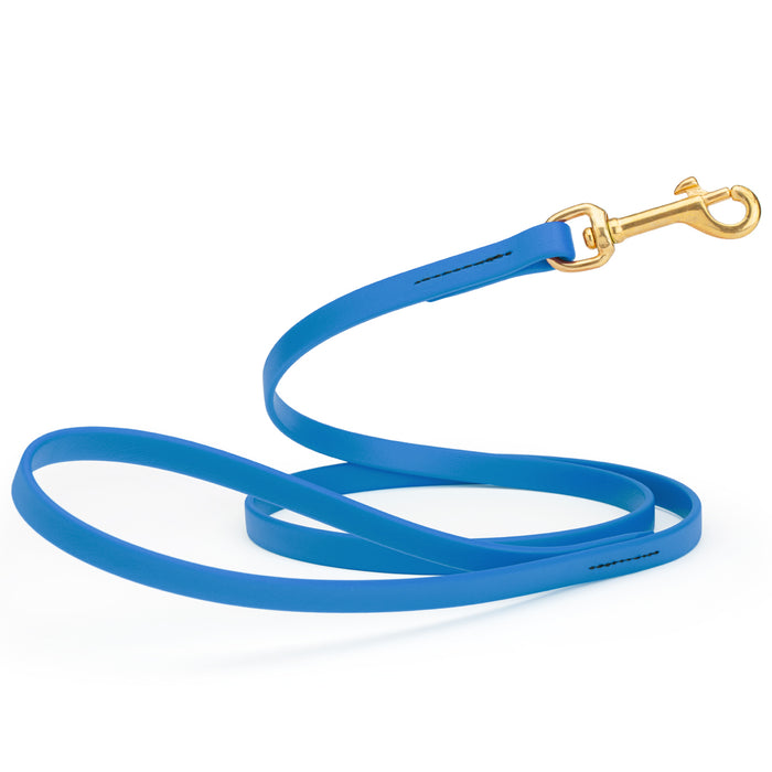 Cerulean Blue dog leash with brass snap hook, made from waterproof Biothane, 1/2 inches wide