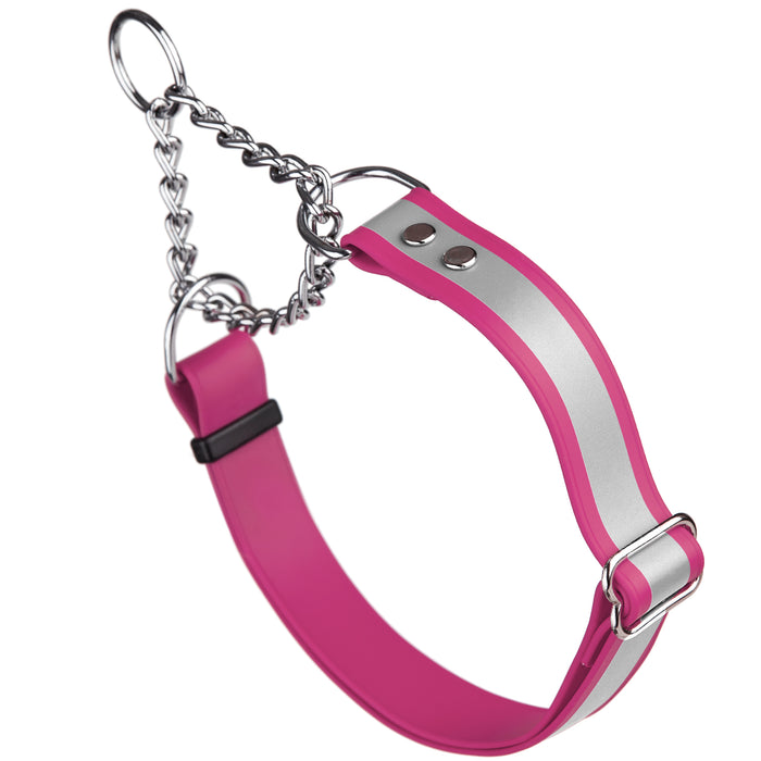 Pink martingale dog collar with reflective strip and Herm Sprenger assembly chain, made from waterproof Biothane