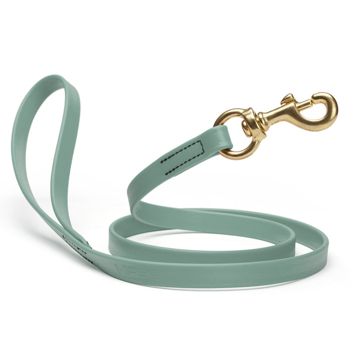 Sage Green dog leash with brass snap hook, made from waterproof Biothane, 5/8 or 3/4 inches wide