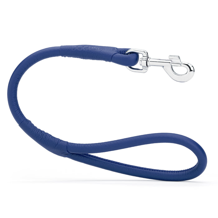 Blue leather dog traffic lead with metal snap hook