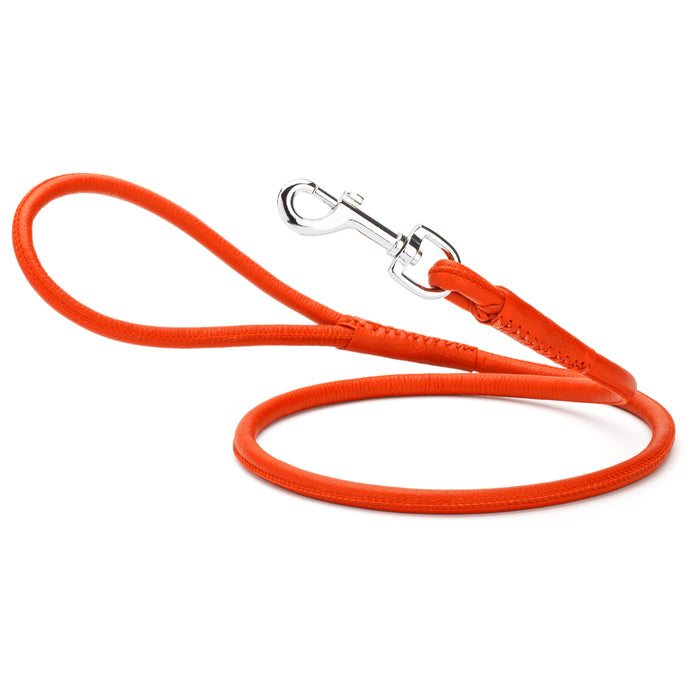 Orange leather dog lead with metal snap hook, 1/4- or 3/8-inch wide