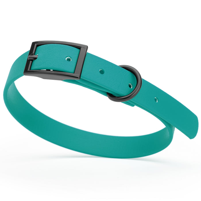 Blue Aqua dog collar with black hardware, made from waterproof Biothane, small