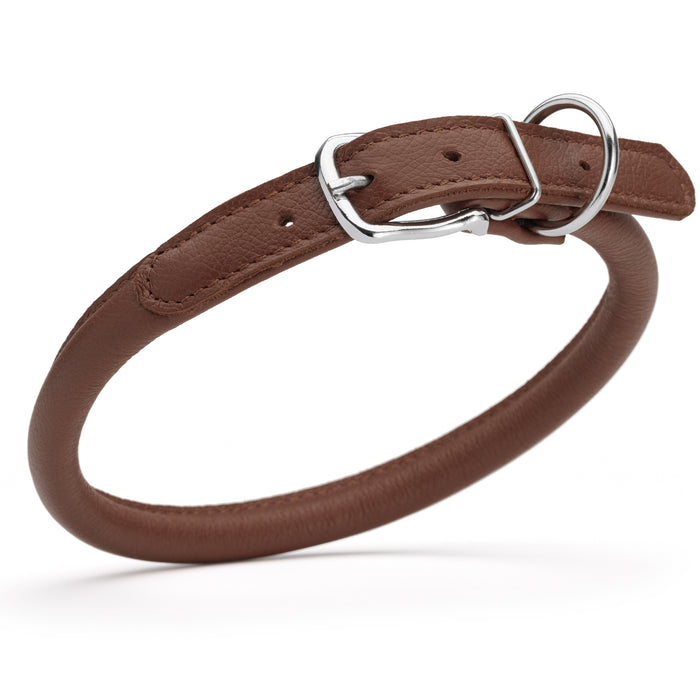 Brown leather dog collar with metal buckle, size L to XL