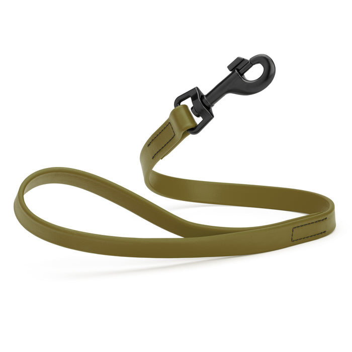 Olive Drab Green 2 ft short dog leash with black snap hook, made from waterproof Biothane, 3/4 inches wide