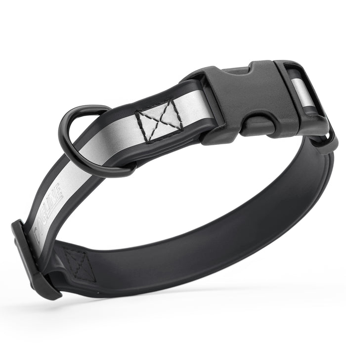 Black reflective dog collar with quick release buckle and wide reflective strip, made from waterproof Biothane, 3/4-inch wide