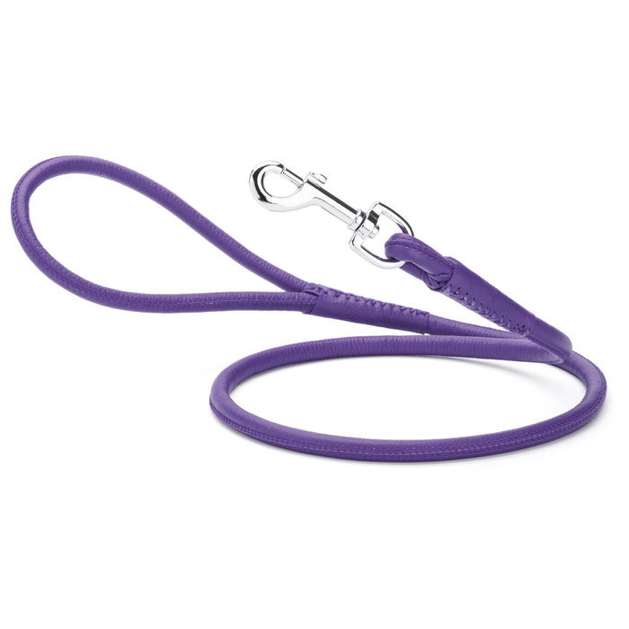 Purple leather dog lead with metal snap hook, 1/4- or 3/8-inch wide