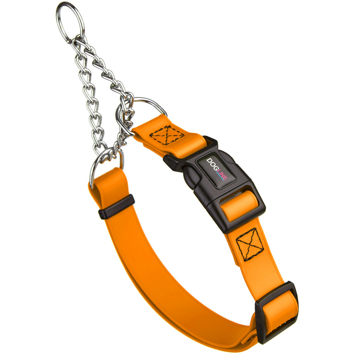 Tangerine Orange martingale dog collar with quick release buckle and Herm Sprenger assembly chain, made from waterproof Biothane