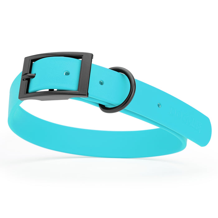 Sky Blue dog collar with black hardware, made from waterproof Biothane, large