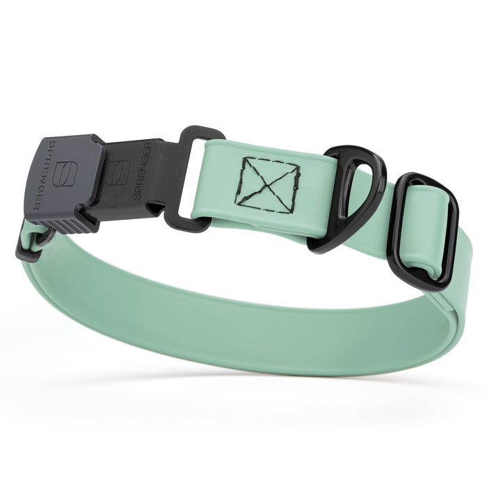 Sage Green dog collar with black stainless steel Herm Sprenger quick release buckle, made from waterproof Biothane