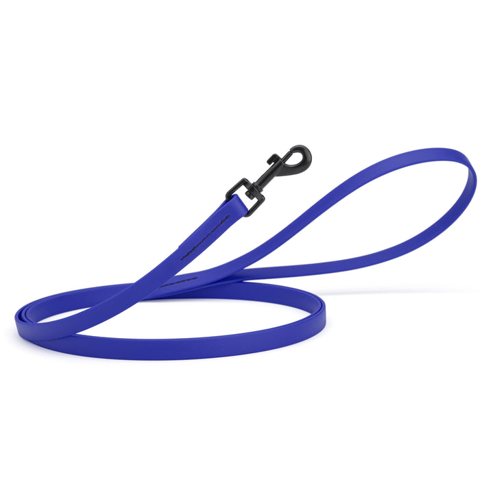 Blueberry dog leash with black snap hook, made from waterproof Biothane, 1/2 inches wide