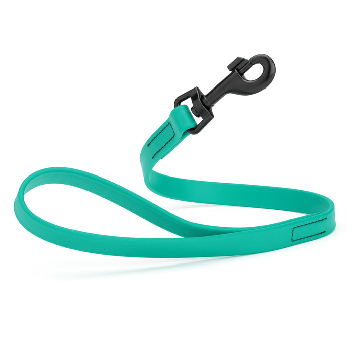 Teal 2 ft short dog leash with black snap hook, made from waterproof Biothane, 3/4 inches wide