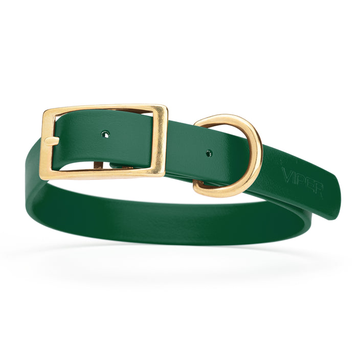 Hunter Green dog collar with brass buckle and D-ring, made from waterproof Biothane, X-large