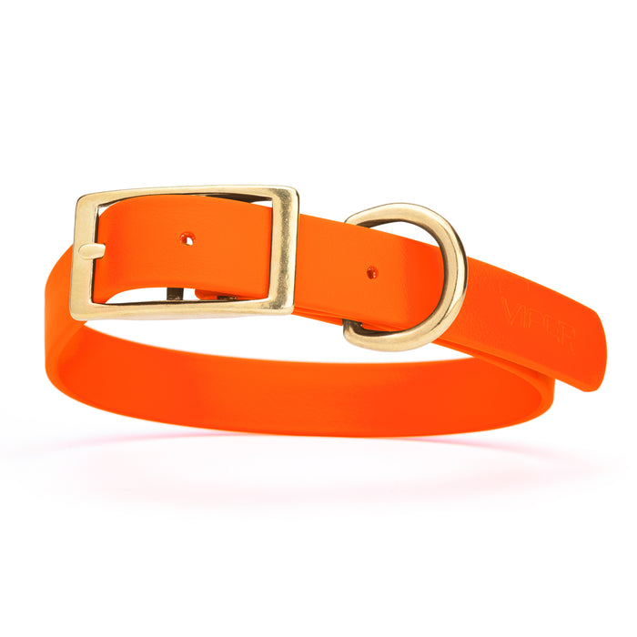 Hunter Orange dog collar with brass buckle and D-ring, made from waterproof Biothane, X-large