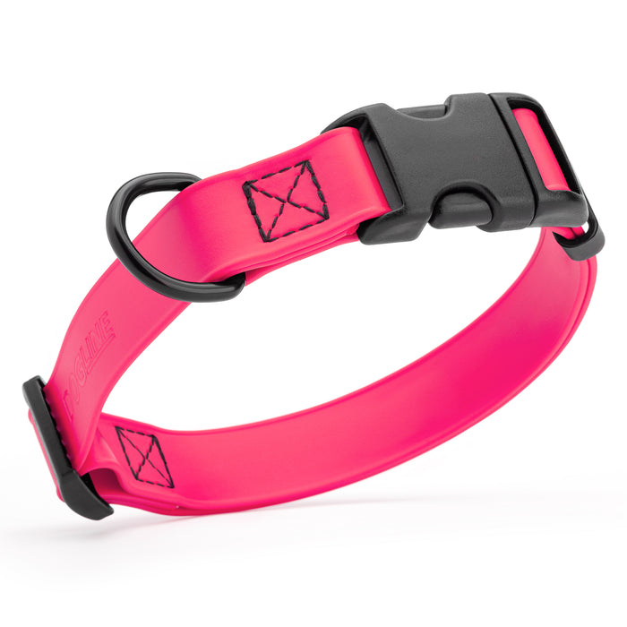 Passionfruit Pink dog collar with quick release buckle, made from waterproof Biothane, 5/8-inch wide