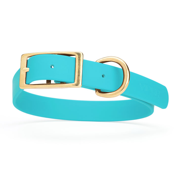 Sky Blue dog collar with brass buckle and D-ring, made from waterproof Biothane, X-large
