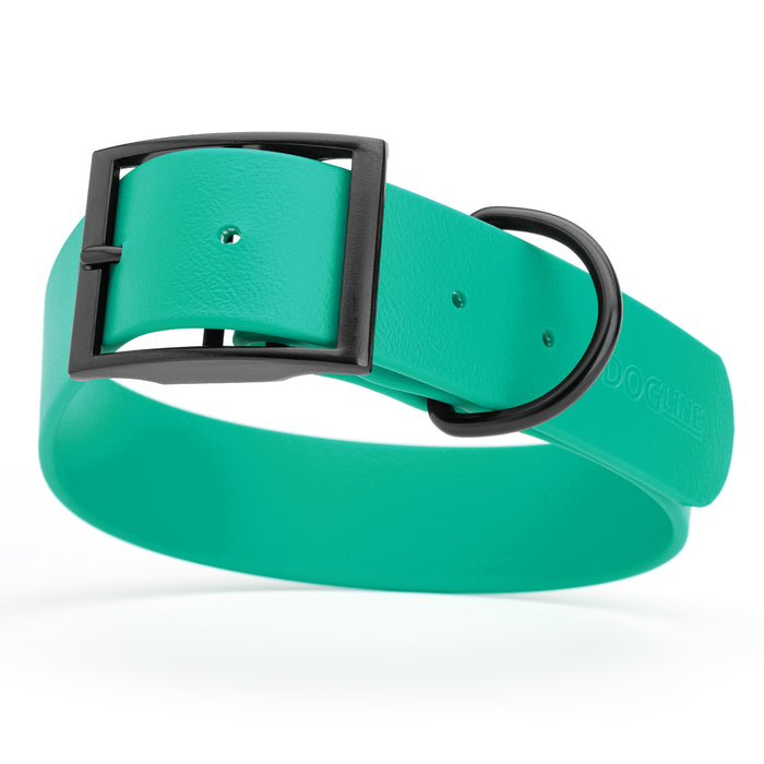 Teal dog collar with black hardware, made from waterproof Biothane, X-large, 1.5 inches wide