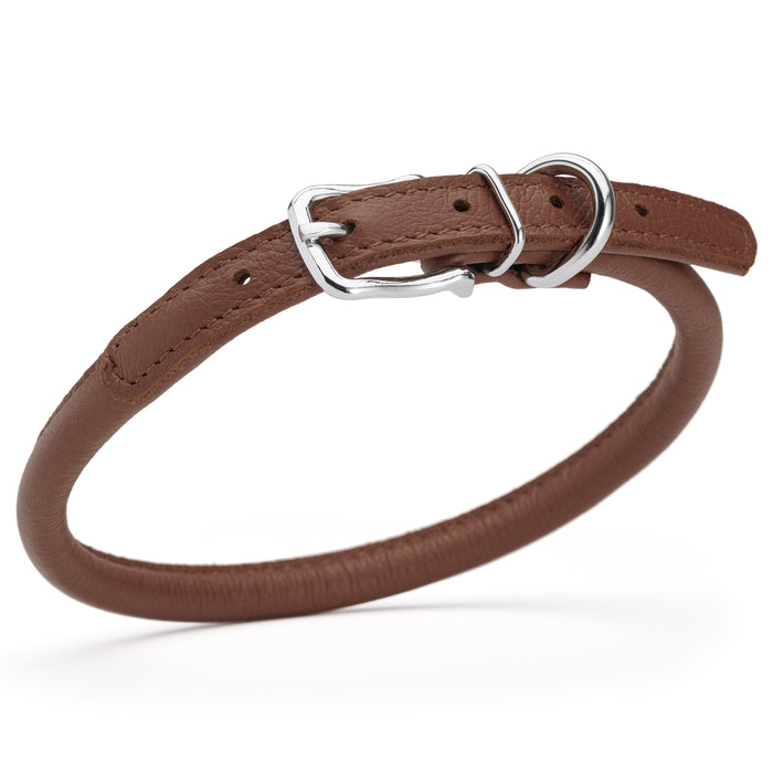 Brown leather dog collar with metal buckle, size M