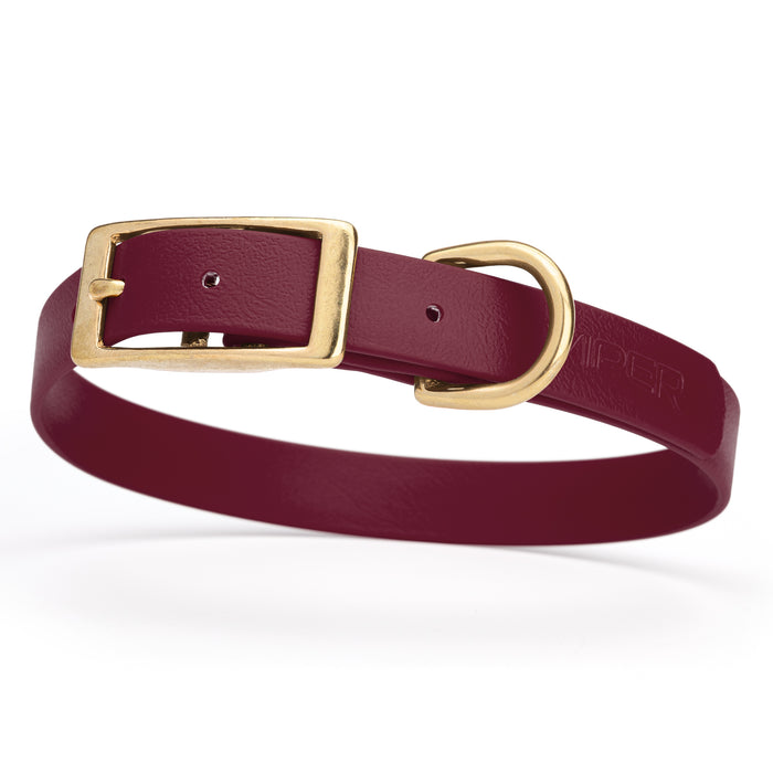 Merlot Burgundy dog collar with brass buckle and D-ring, made from waterproof Biothane, medium