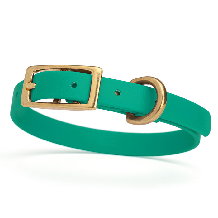 Teal dog collar with brass buckle and D-ring, made from waterproof Biothane,  x-small