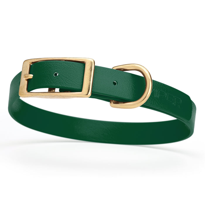 Hunter Green dog collar with brass buckle and D-ring, made from waterproof Biothane, medium