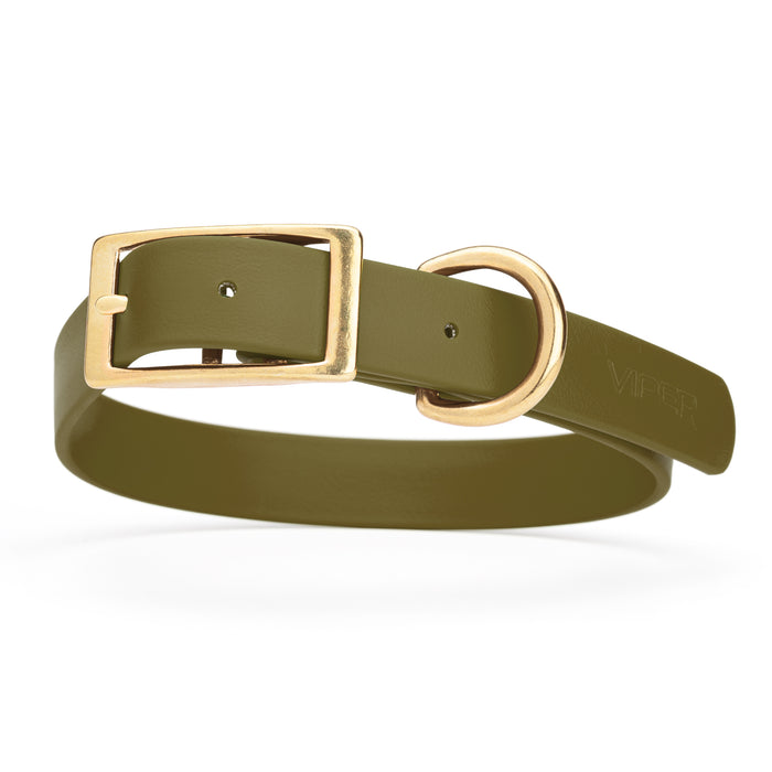 Olive Drab Green dog collar with brass buckle and D-ring, made from waterproof Biothane, X-large