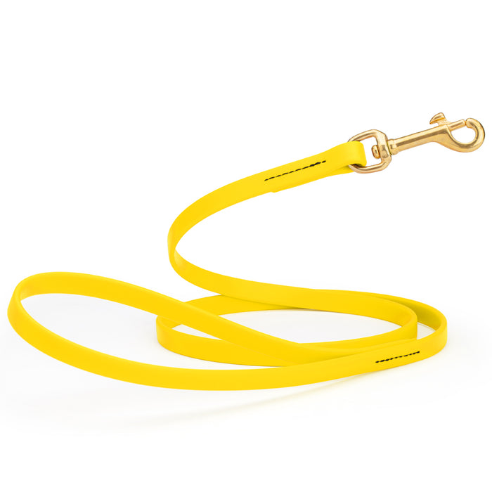 Lemon Yellow dog leash with brass snap hook, made from waterproof Biothane, 1/2 inches wide