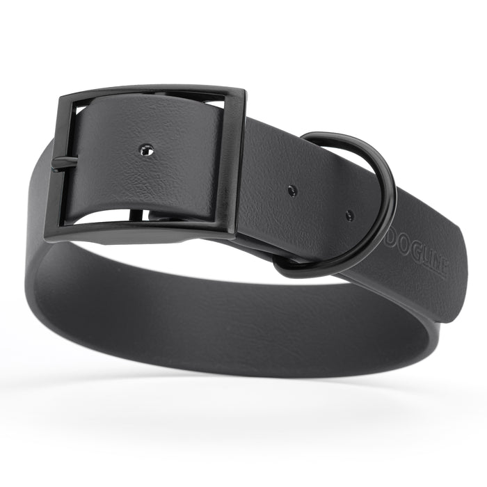 Black  dog collar with black hardware, made from waterproof Biothane, X-large, 1.5 inches wide