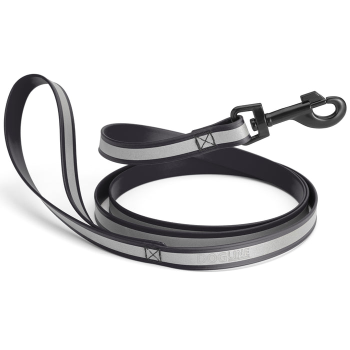Black reflective dog leash with black snap hook and wide reflective strip, made from waterproof Biothane