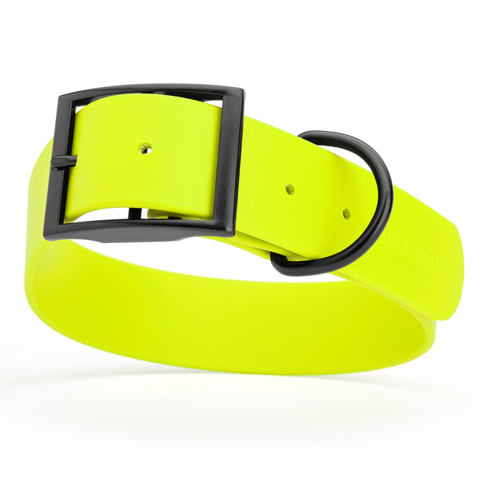 Safety Yellow dog collar with black hardware, made from waterproof Biothane, X-large, 1.5 inches wide
