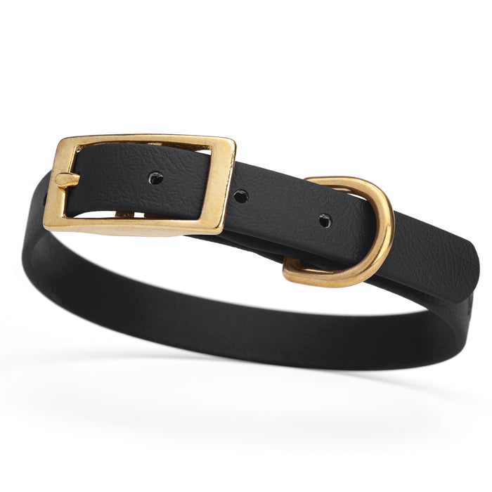 Black dog collar with brass buckle and D-ring, made from waterproof Biothane, small