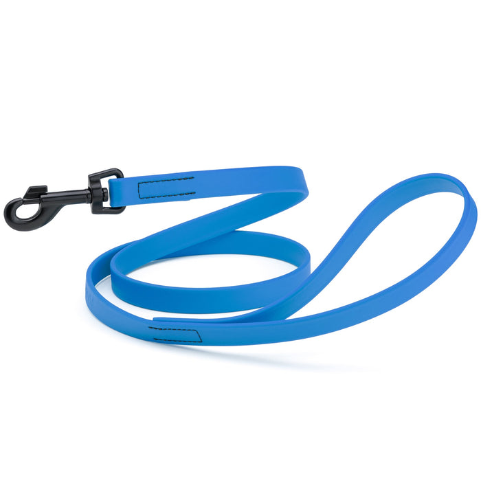 Cerulean Blue dog leash with black snap hook, made from waterproof Biothane, 3/4 or 5/8 inches wide