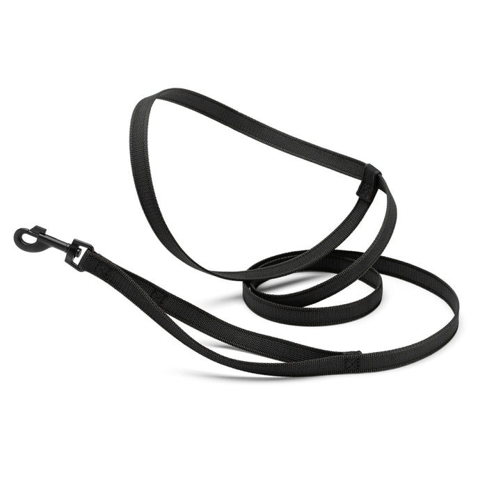 Black rubberized nylon dog leash with traffic handle and adjustable hands-free handle, black hardware