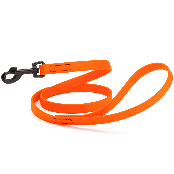 Hunter Orange dog leash with black snap hook, made from waterproof Biothane, 3/4 or 5/8 inches wide