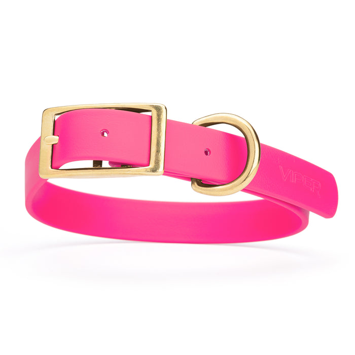 Passionfruit Pink dog collar with brass buckle and D-ring, made from waterproof Biothane, X-large