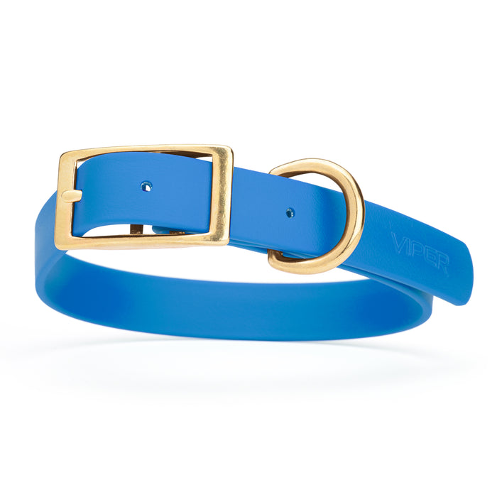 Cerulean Blue dog collar with brass buckle and D-ring, made from waterproof Biothane, X-large