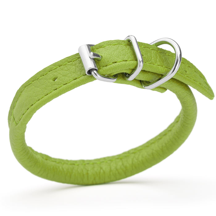 Lime green leather dog collar with metal buckle, size 3XS to 2XS