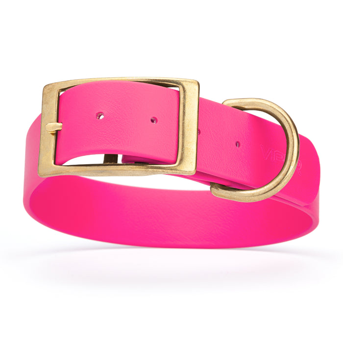 Passionfruit Pink dog collar with brass buckle and D-ring, made from waterproof Biothane, 1.5 in wide, X-large